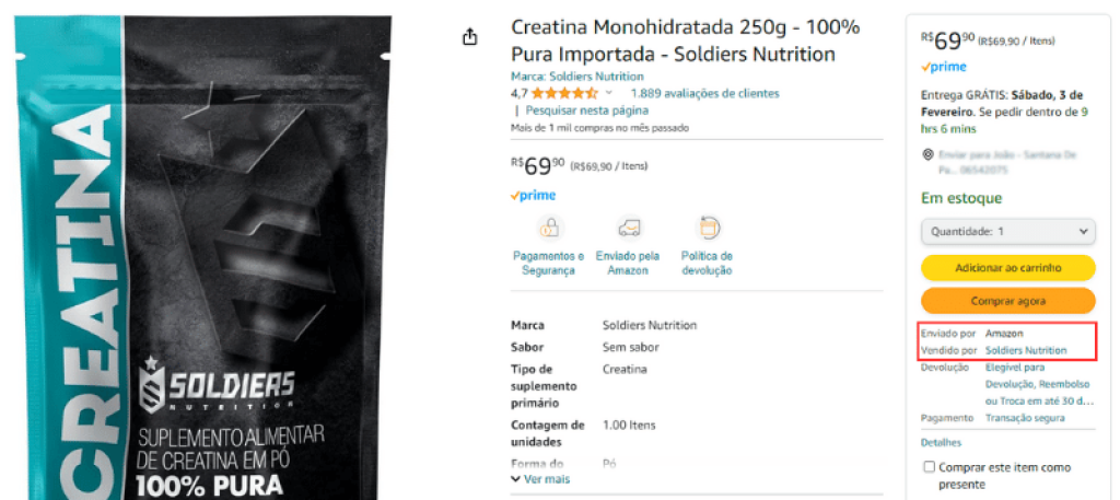 Creatina da Soliders Nutrition é vendida pela própria marca em marketplaces como Amazon e Mercado Livre